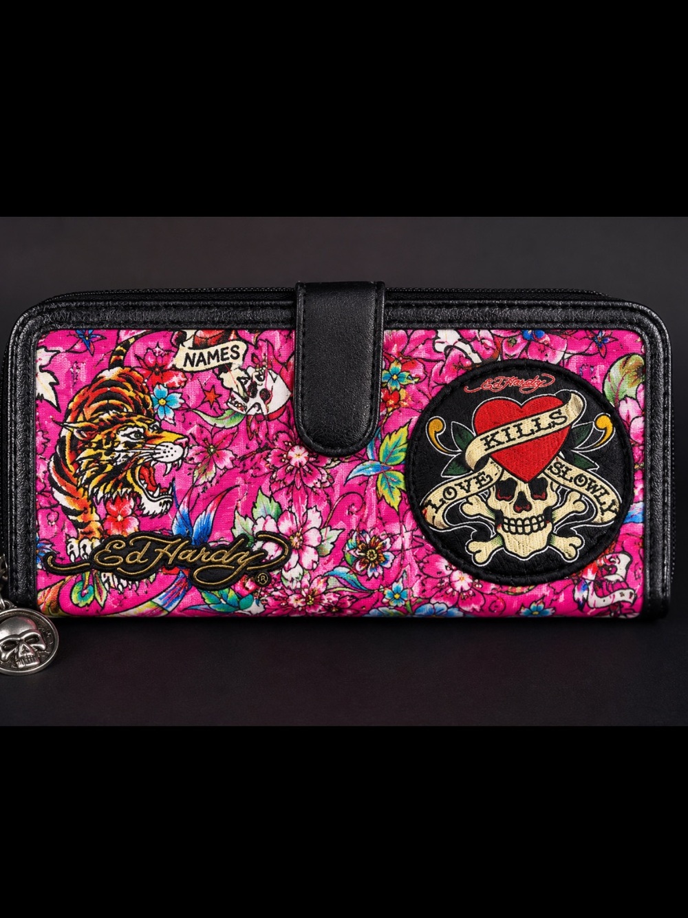 Ed Hardy Love Kills Slowly Pink Tattoo Print Zip Around Wallet Y2K Skull Tiger